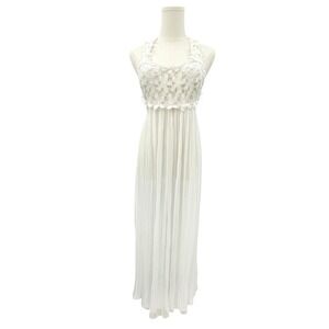 VTG Ivory Crochet Lace Halter Nightgown XS Pleated Chiffon Bridal Fairy Coquette